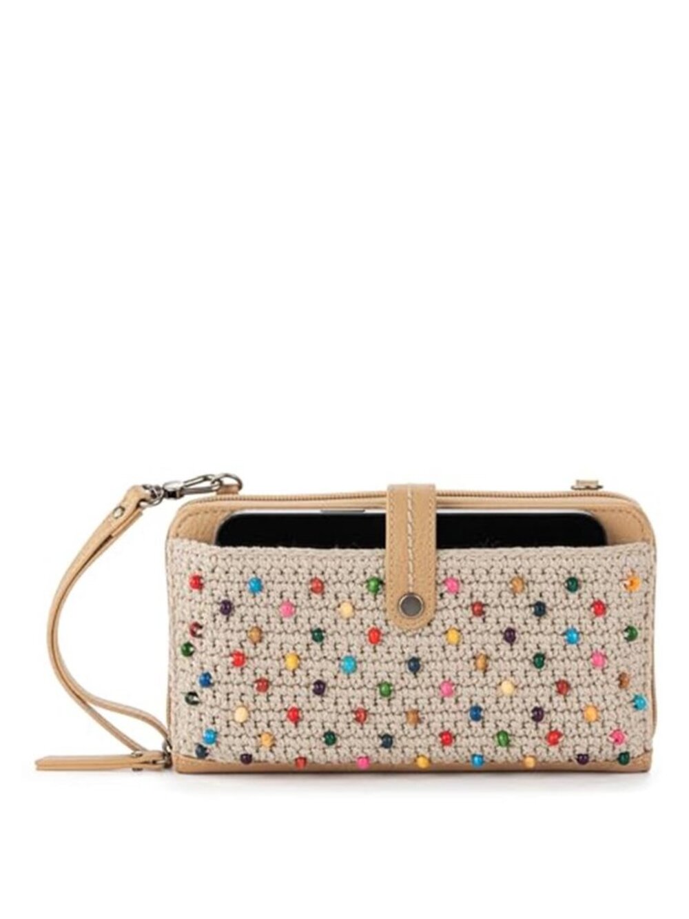 Crochet Crossbody Wristlet Wallet Clutch Phone Bag 16 Card Slots Vegan Ecru